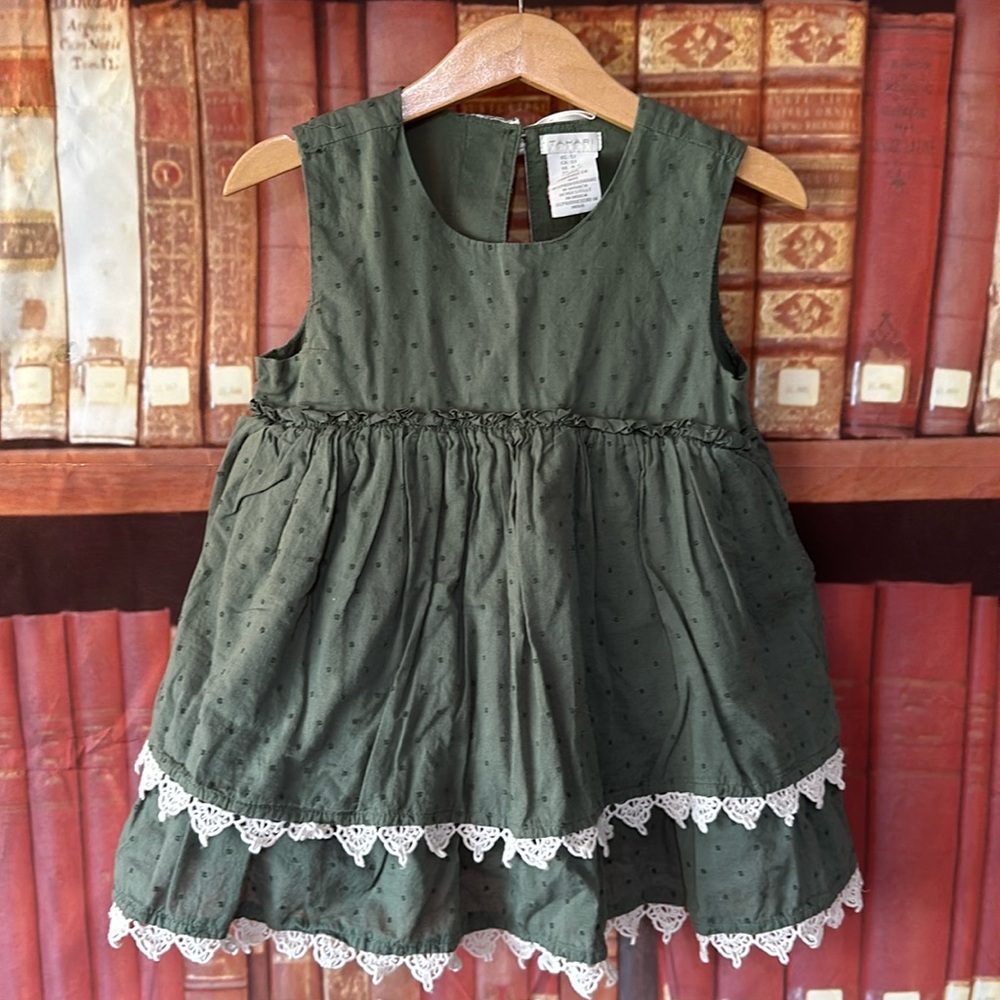 Tahari Girls 5T Olive Green Cotton Lace Babydoll Dress